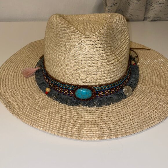 Turquoise Beaded Fringe Straw Sun Hat - Picture 16 of 16